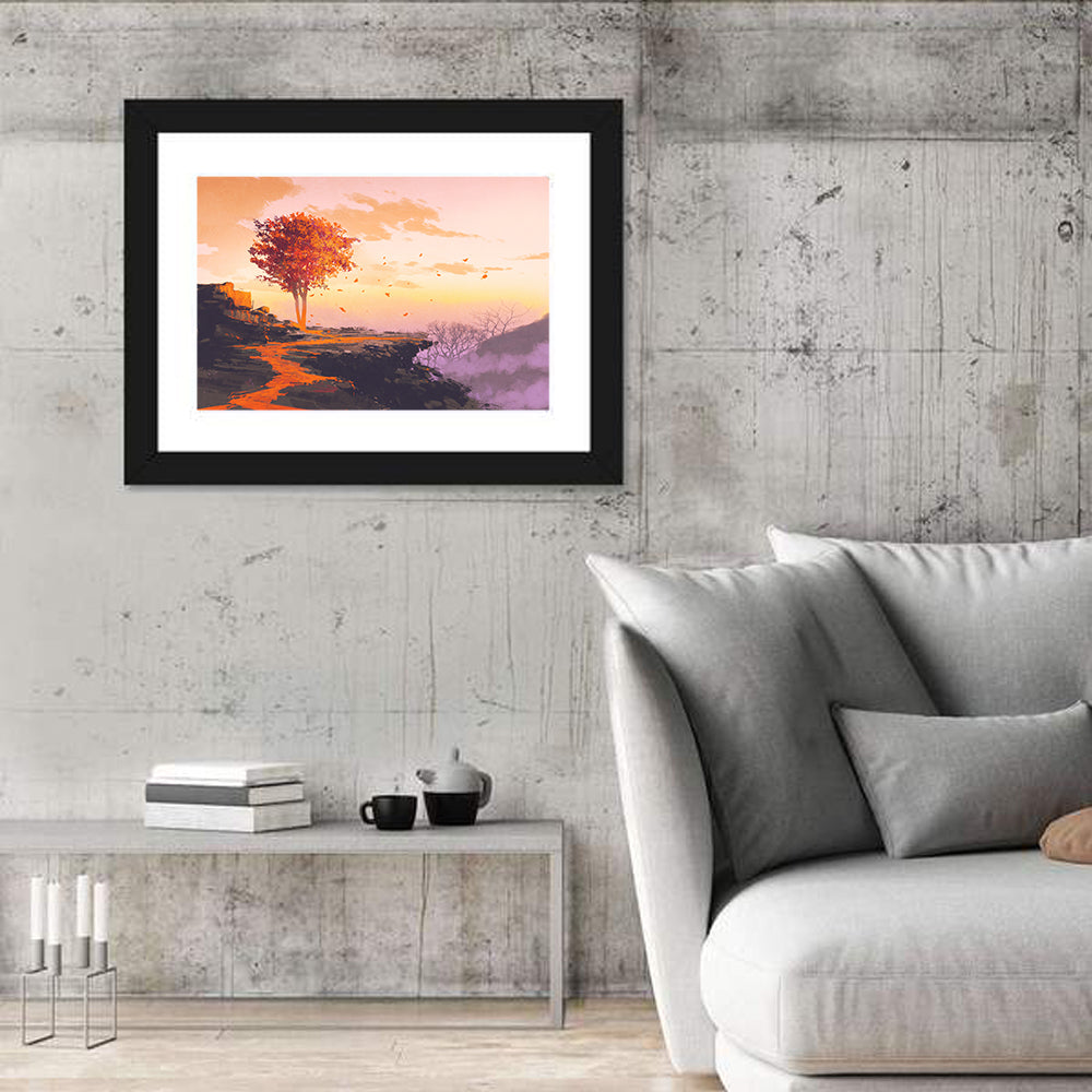 Melting Autumn Tree on Cliff Wall Art in a room, landscape