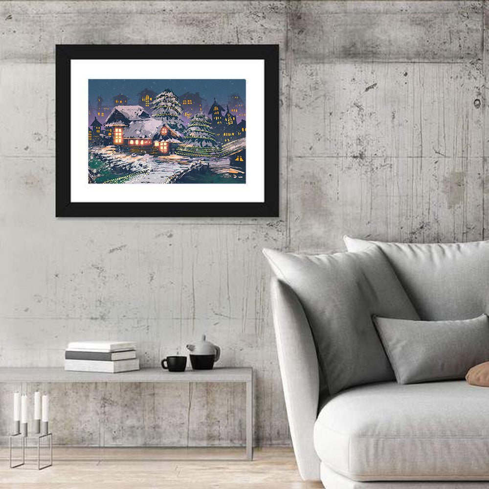 Christmas Night Village Scene Wall Art in a room, landscape