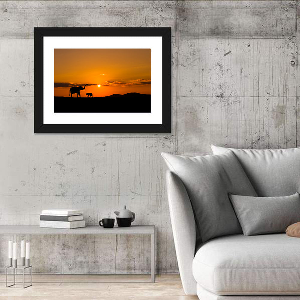 Savannah Elephant Silhouettes Wall Art in a room, landscape