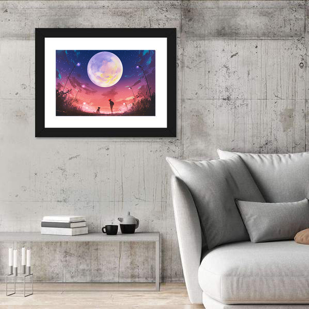 Woman and Dog Beneath Oversized Moon Wall Art in a room, landscape