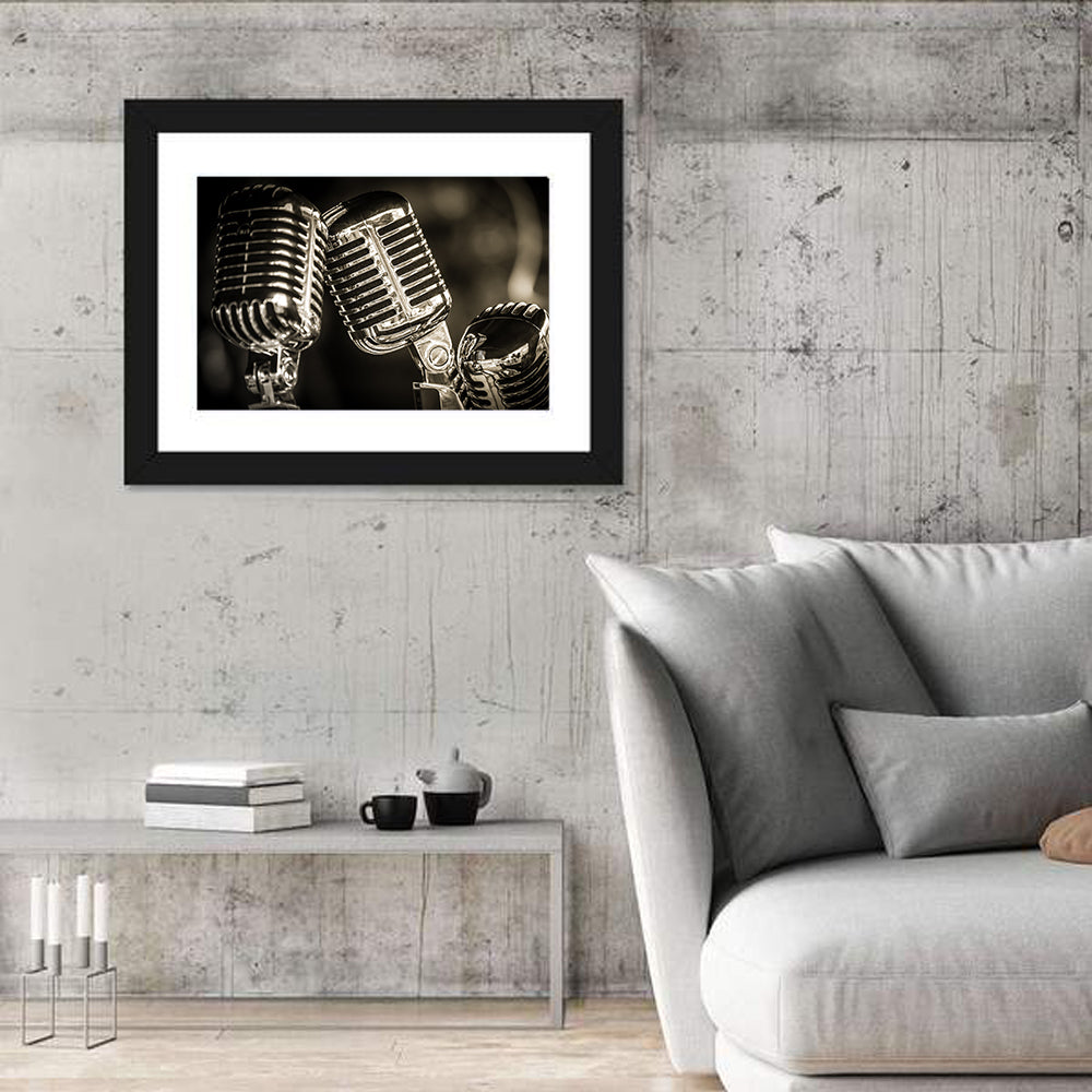 Three Vintage Studio Microphones Wall Art in a room, landscape