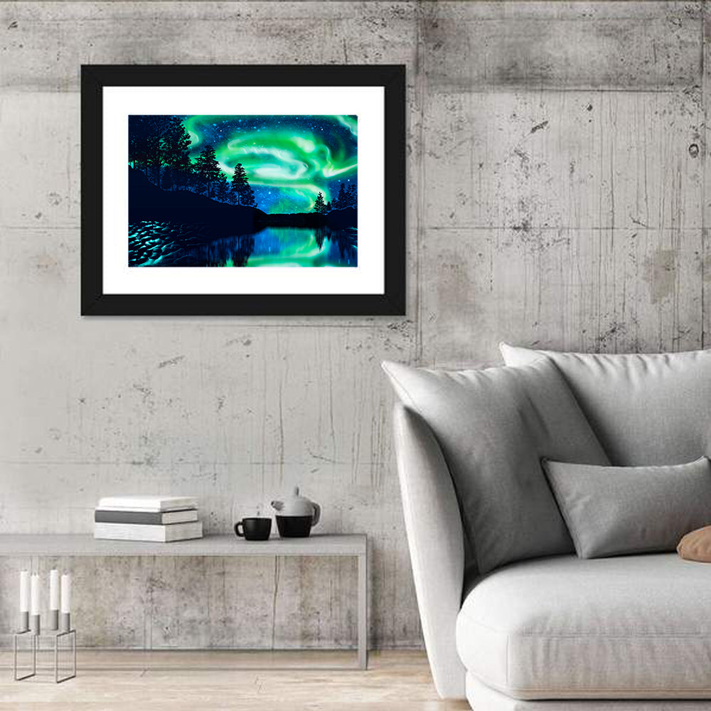 Northern Lights Over Mountain Lake Wall Art in a room, landscape