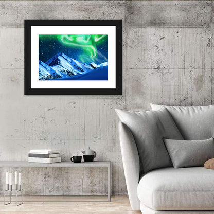 Glowing Aurora Over Snow Capped Mountains Wall Art