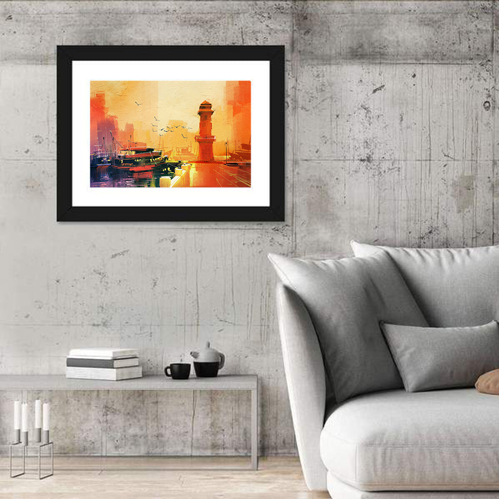 Golden Harbor Lighthouse and Fishing Boat Wall Art in a room, landscape