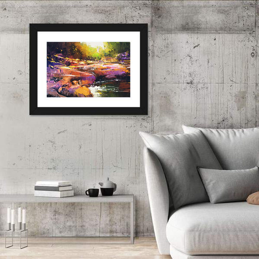 Autumn Stream with Textured Rocks Wall Art in a room, landscape