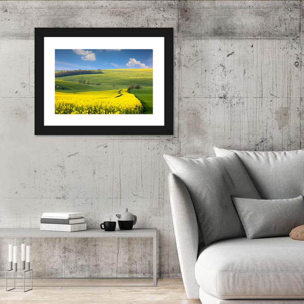 Sunlit Rapeseed Hills Wall Art in a room, landscape