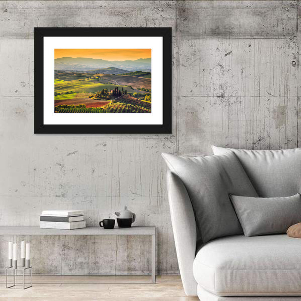 Val D'orcia Sunset Hills Wall Art in a room, landscape