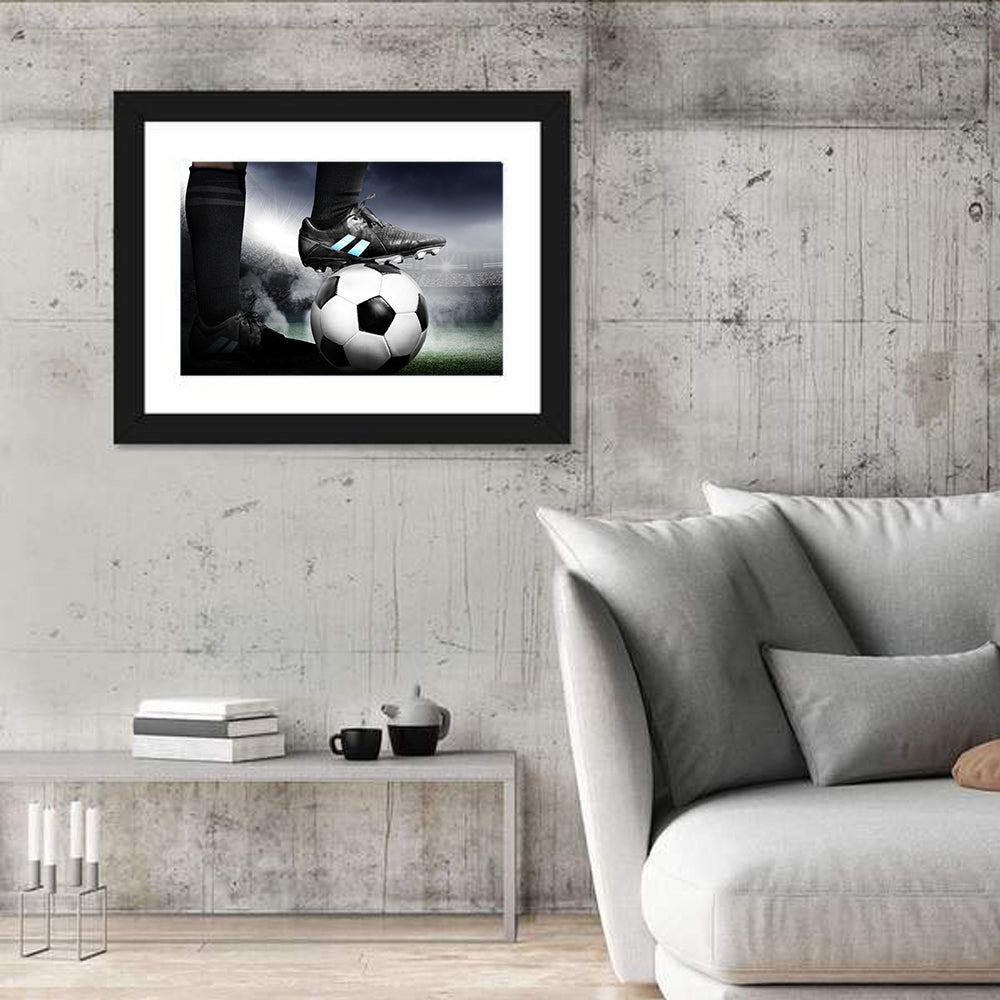 Low Angle Soccer Cleat Close Up Wall Art in a room, landscape