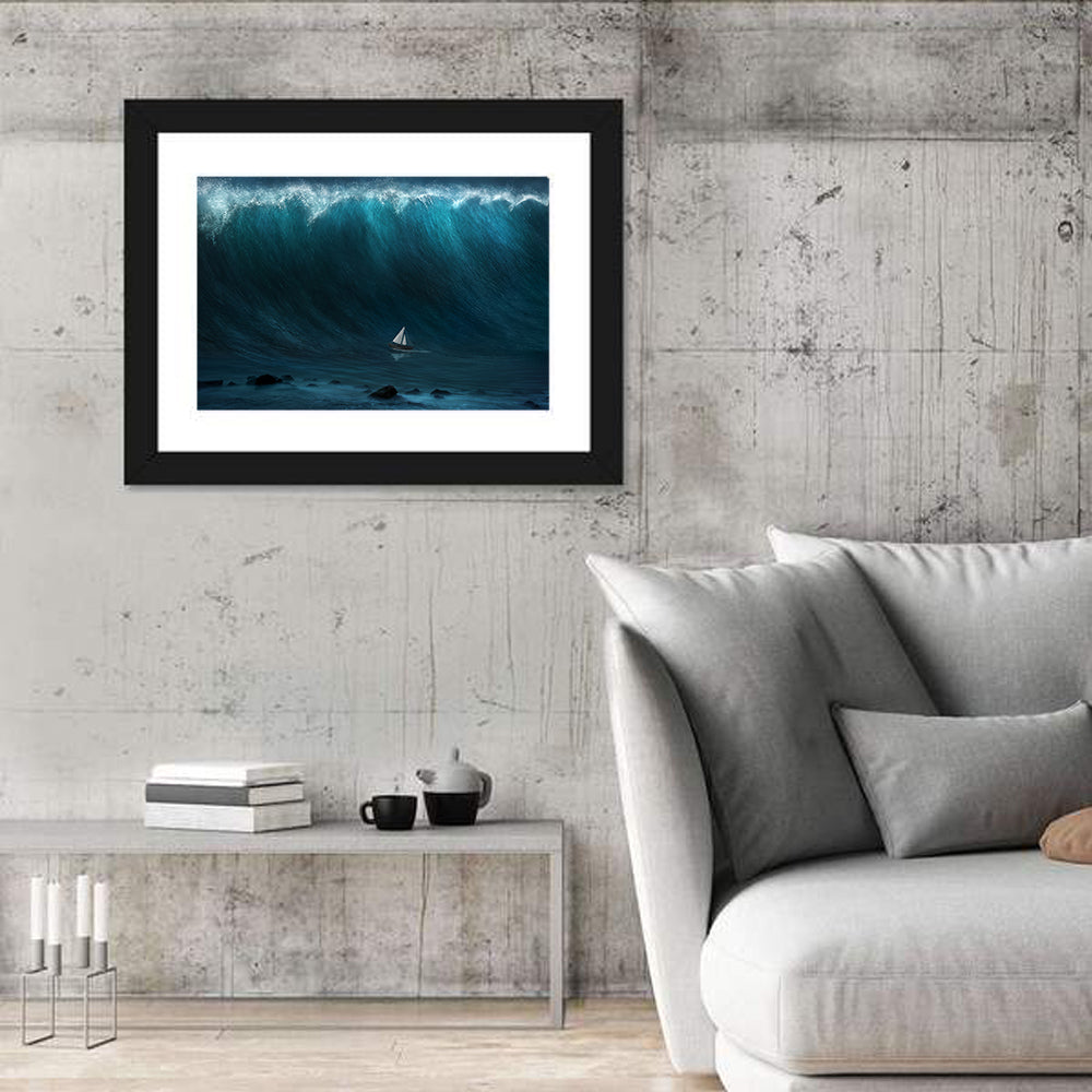 Sailboat Against Giant Wave Wall Art
