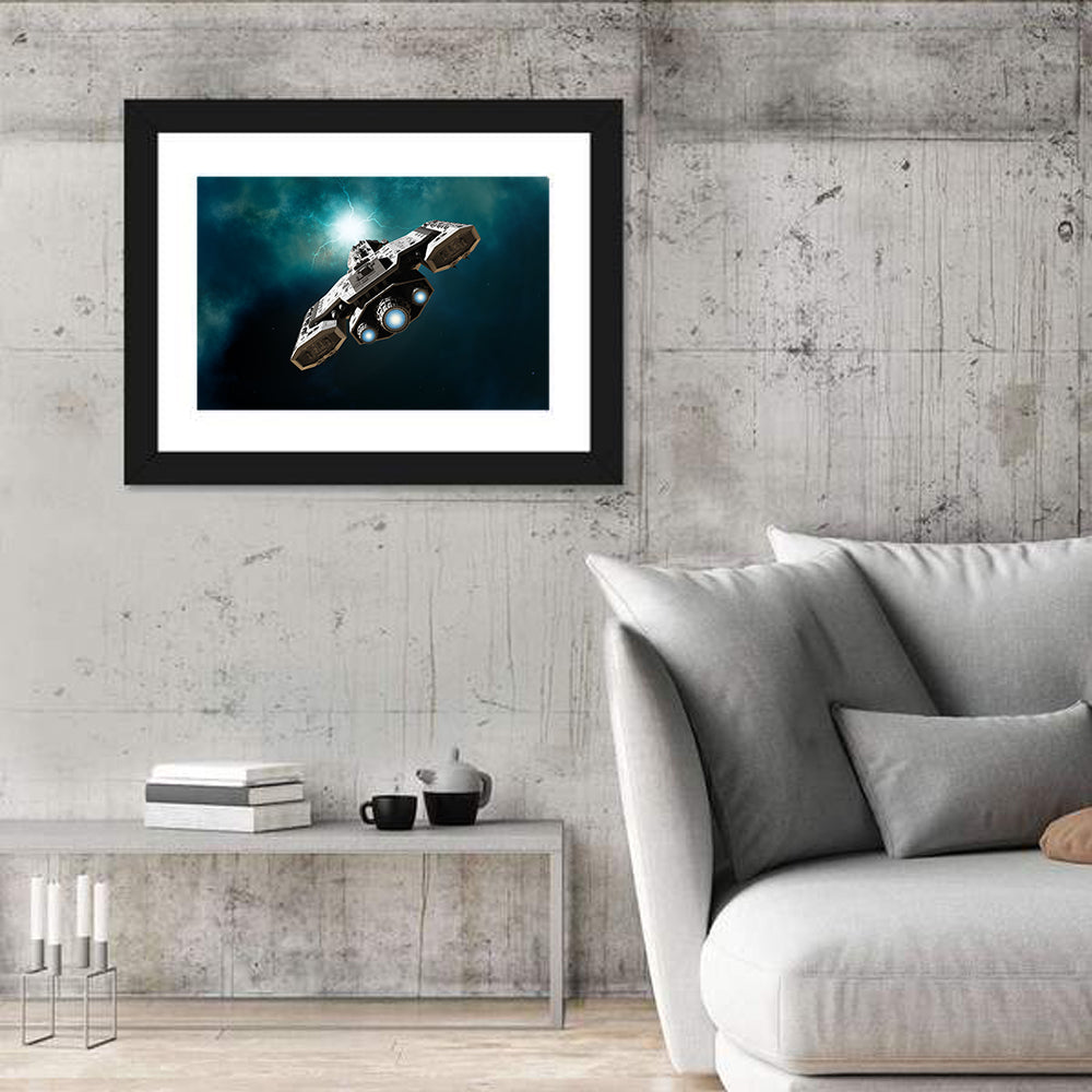 Low Angle Starship with Blue Thrusters Wall Art in a room, landscape