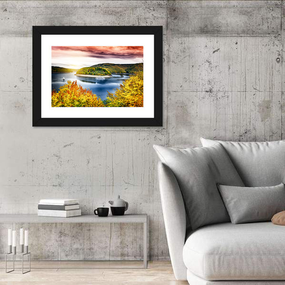Autumn Sunset Over Lake with Boat Wall Art in a room, landscape