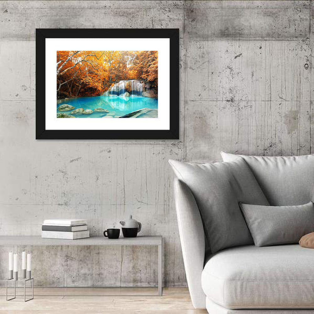 Erawan Waterfall Autumn Reflection Wall Art in a room, landscape