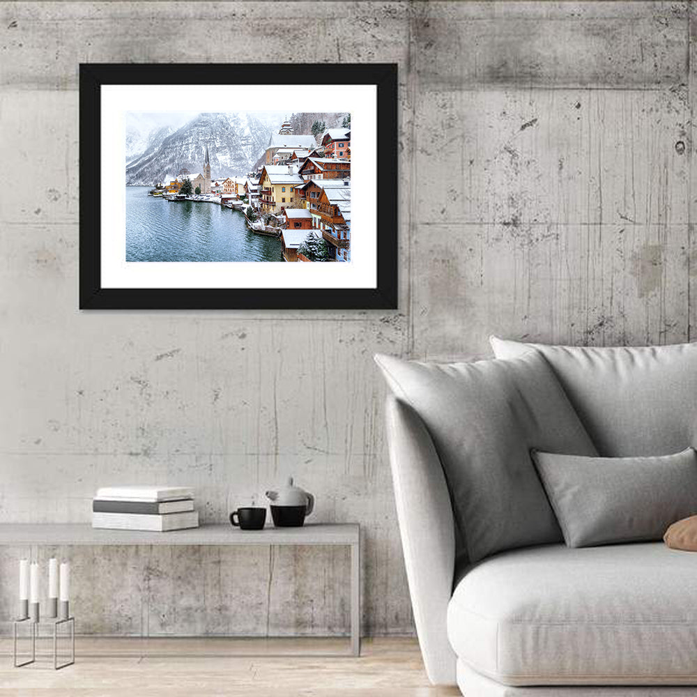 Hallstatt Winter Lakefront Wall Art in a room, landscape