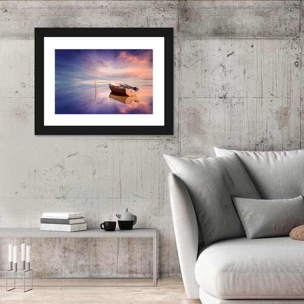 Lonely Boat at Sunset Wall Art in a room, landscape