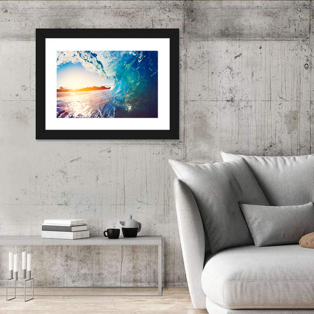 Blue Wave Tunnel at Sunrise Wall Art in a room, landscape
