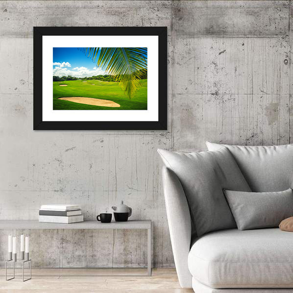 Palm Framed Golf Course Wall Art in a room, landscape