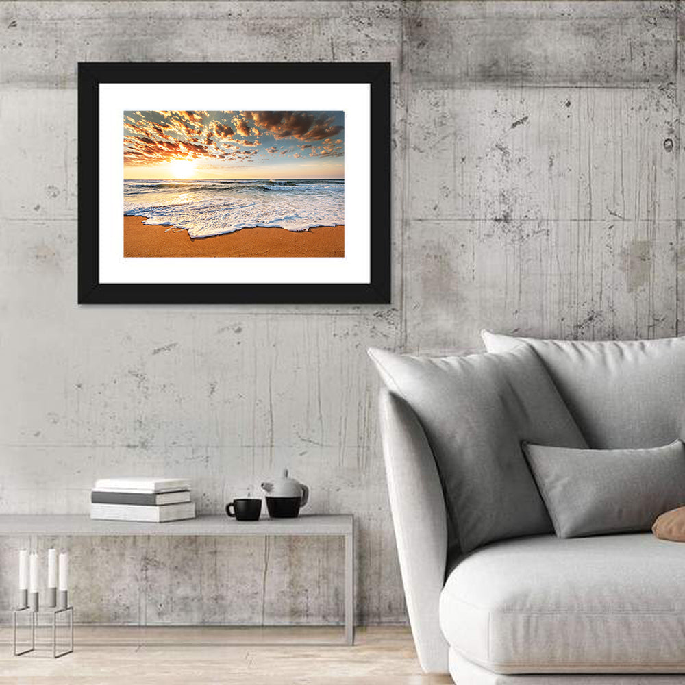 Foamy Shoreline at Sunrise Wall Art in a room, landscape