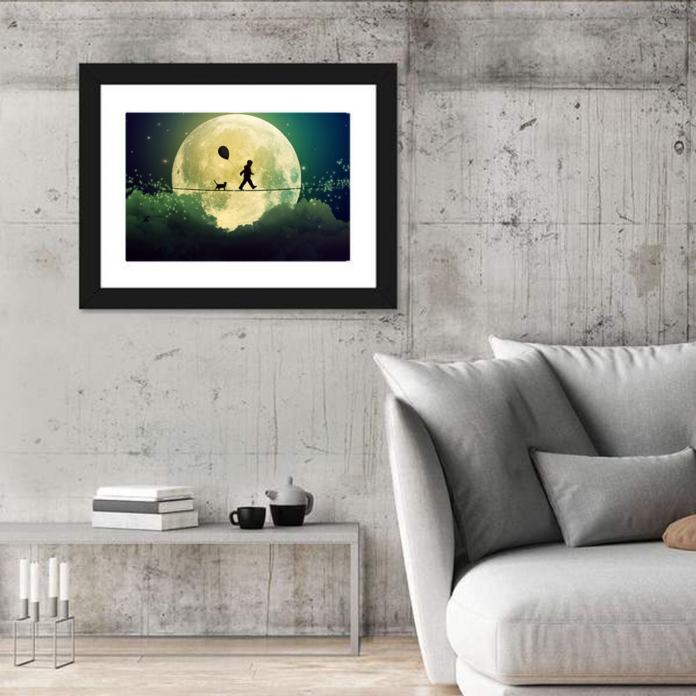 Happy Boy and Cat Under Moonlight Wall Art