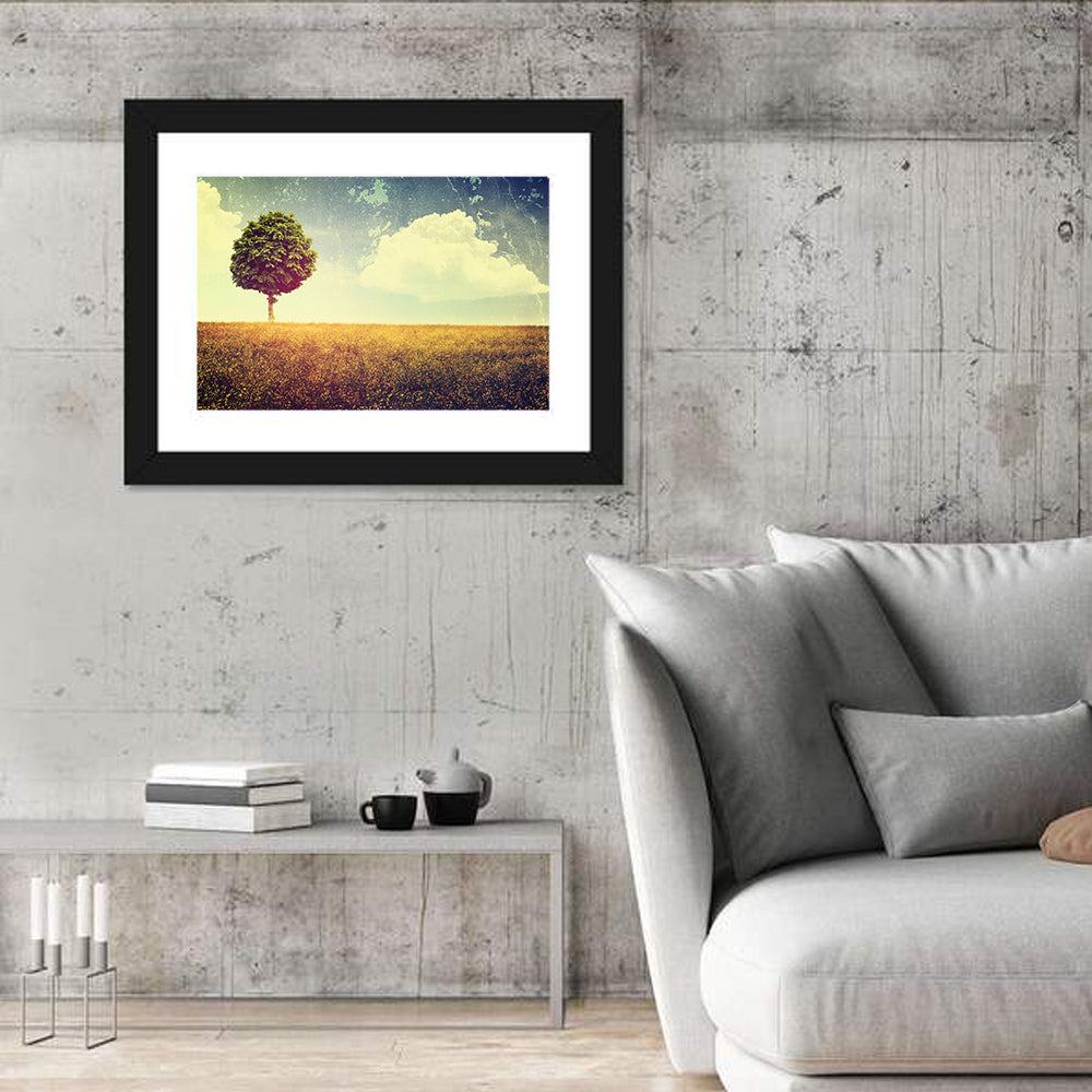 Vintage Field with Lone Tree Wall Art in a room, landscape