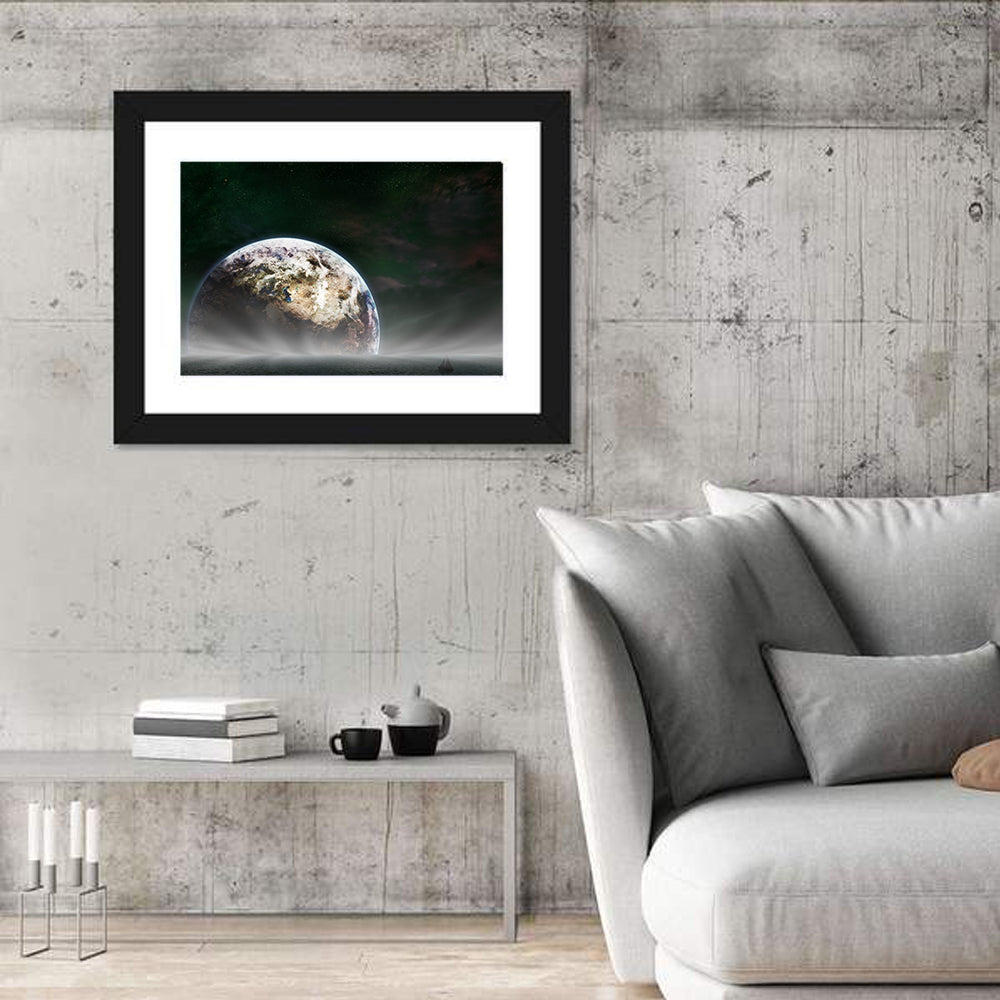 Earth Rising Over Ocean Wall Art in a room, landscape