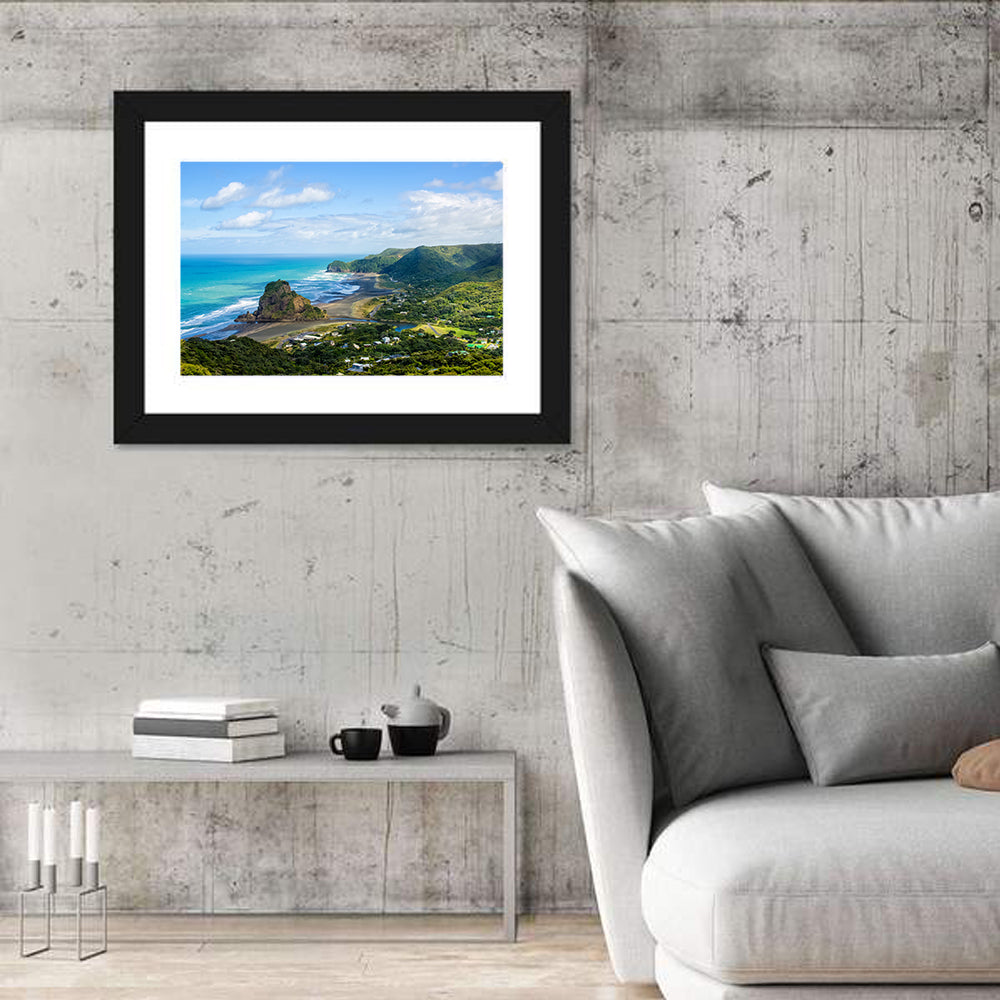 Lion Rock at Piha Beach Wall Art in a room, landscape