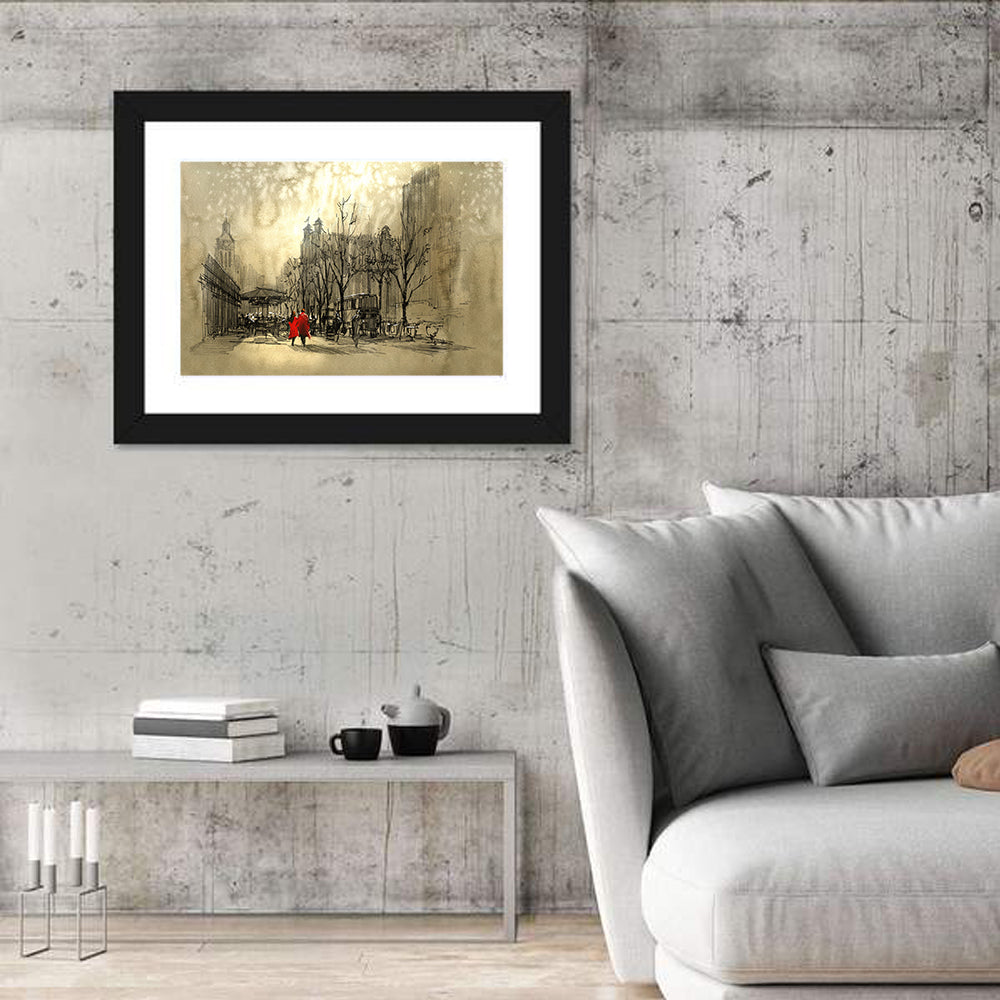 Couple in Red Coats on City Street Wall Art