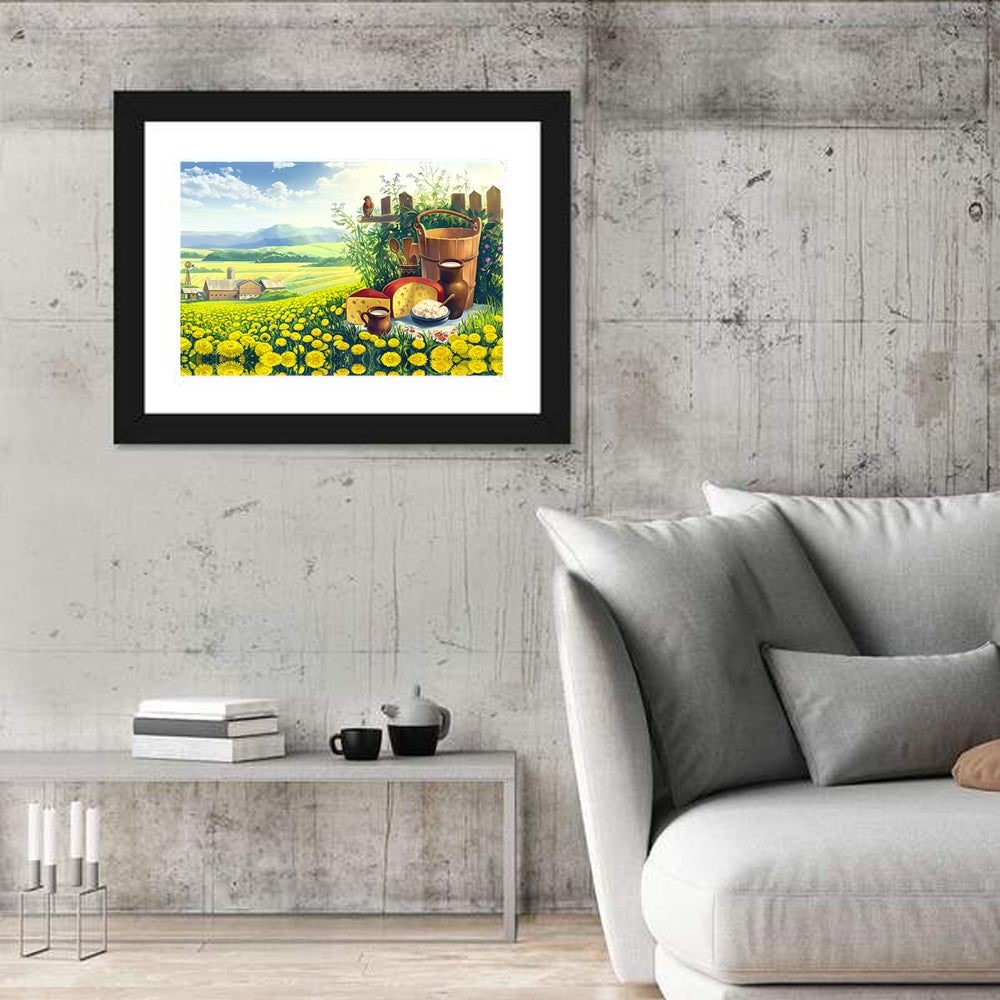 Dandelion Field Landscape Wall Art in a room, landscape