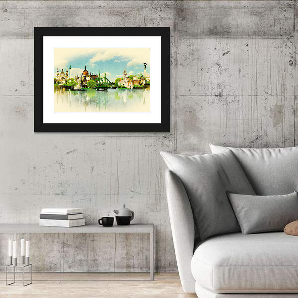 Budapest Riverfront Watercolor Wall Art