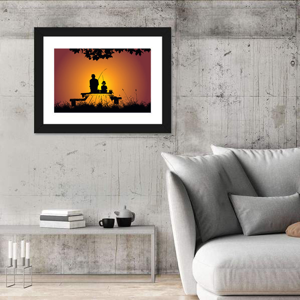 Father and Child Fishing Silhouette Wall Art in a room, landscape