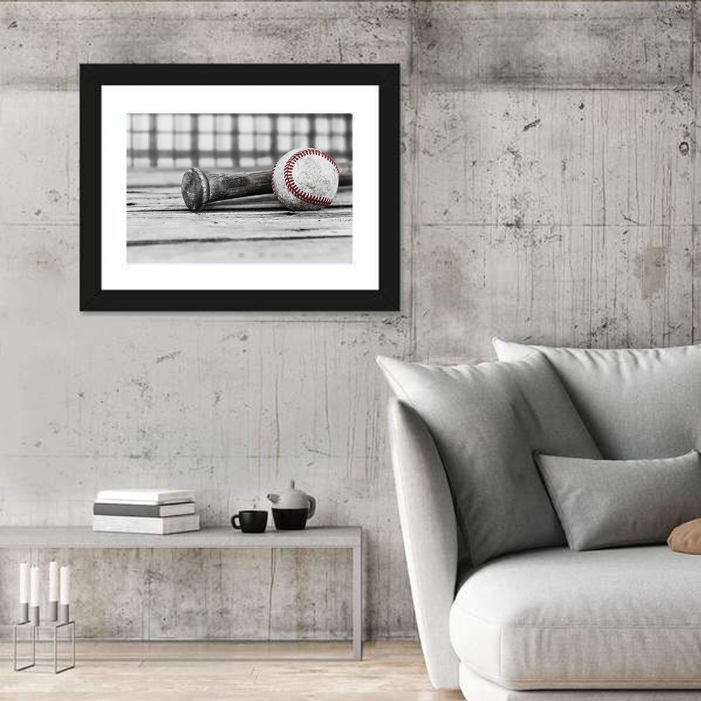 Worn Baseball and Bat on Wood Wall Art in a room, landscape