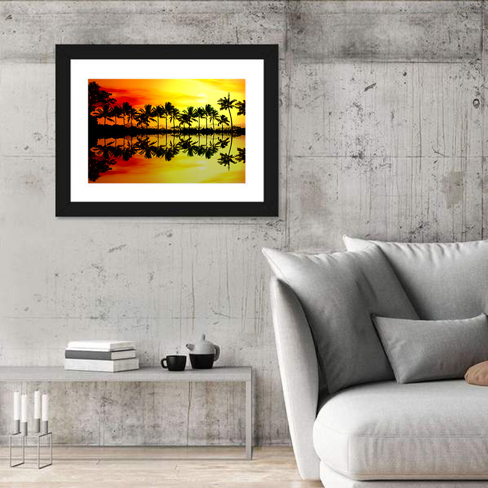 Tropical Palm Beach Sunset Wall Art in a room, landscape