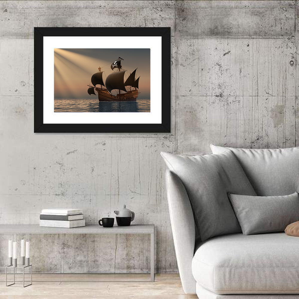 Pirate Ship at Sunset Wall Art in a room, landscape