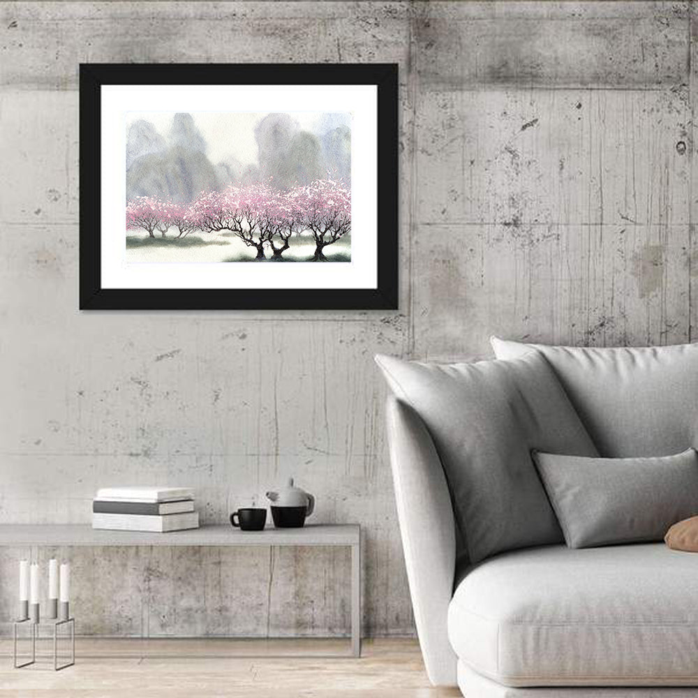 Cherry Blossom Orchard by the River Wall Art