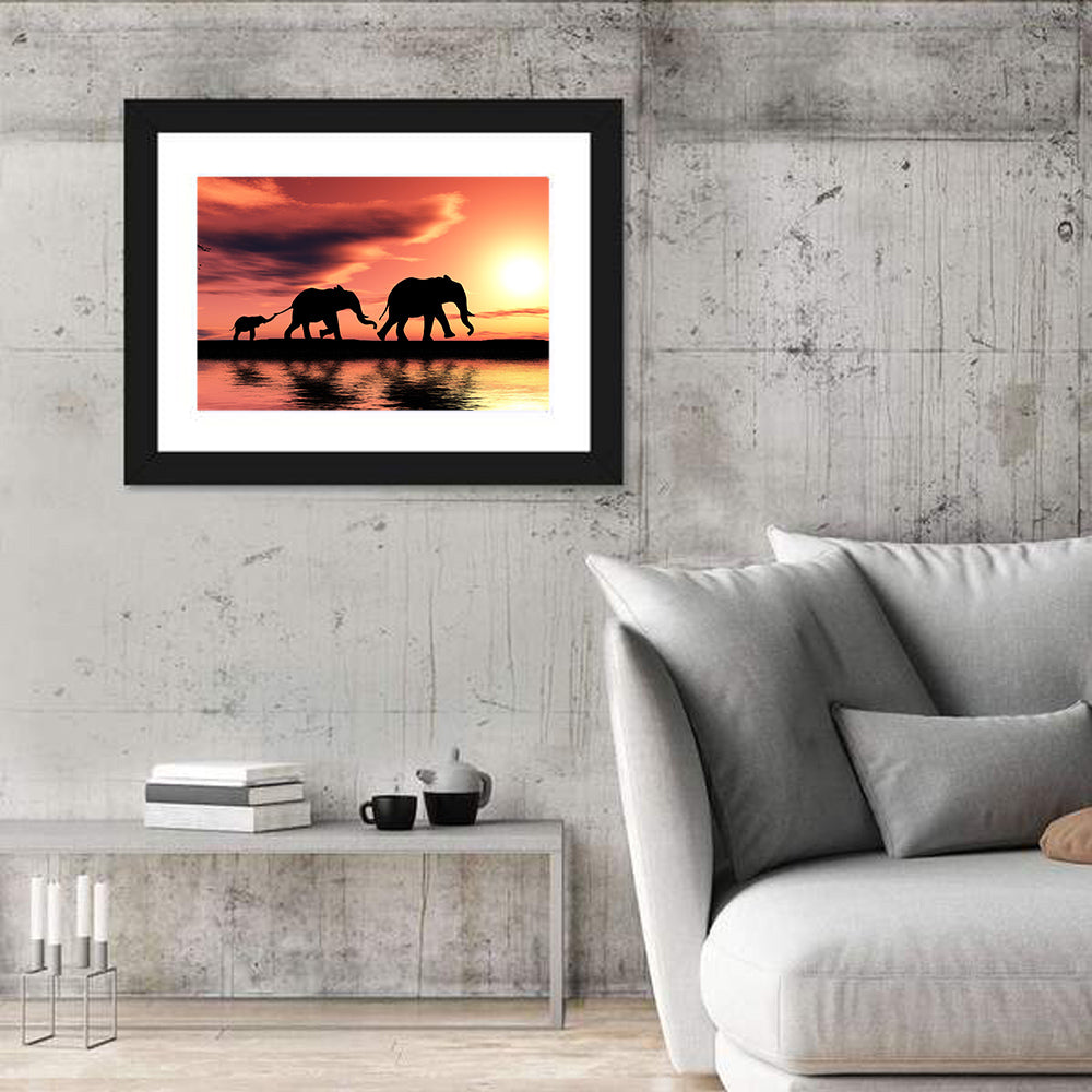 Marching Elephants at Sunset Wall Art