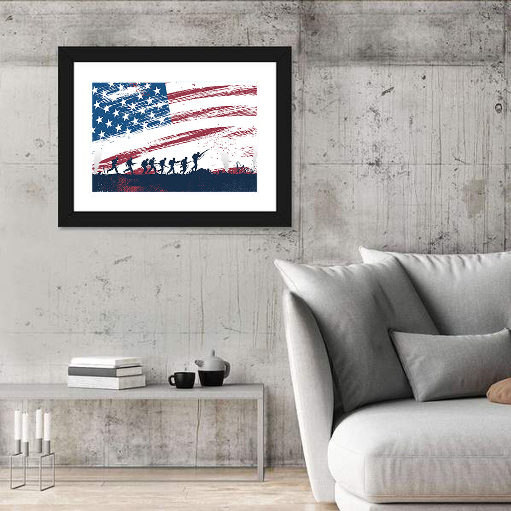 Silhouetted Soldiers with Distressed American Flag Wall Art