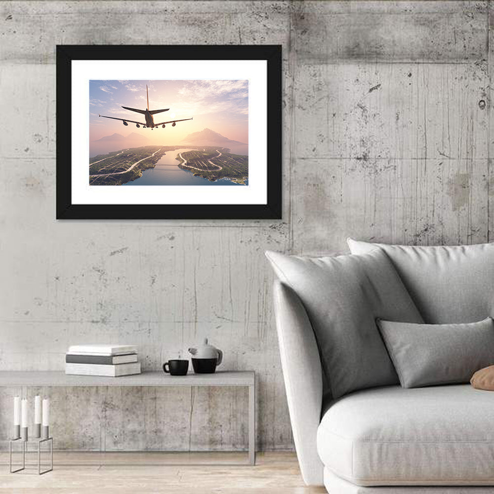Airplane Over Island at Sunset Wall Art