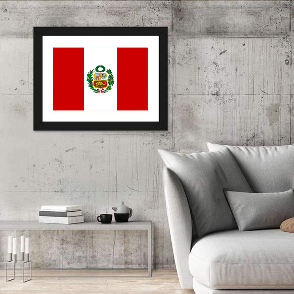 Peruvian Flag with Coat of Arms Wall Art in a room, landscape