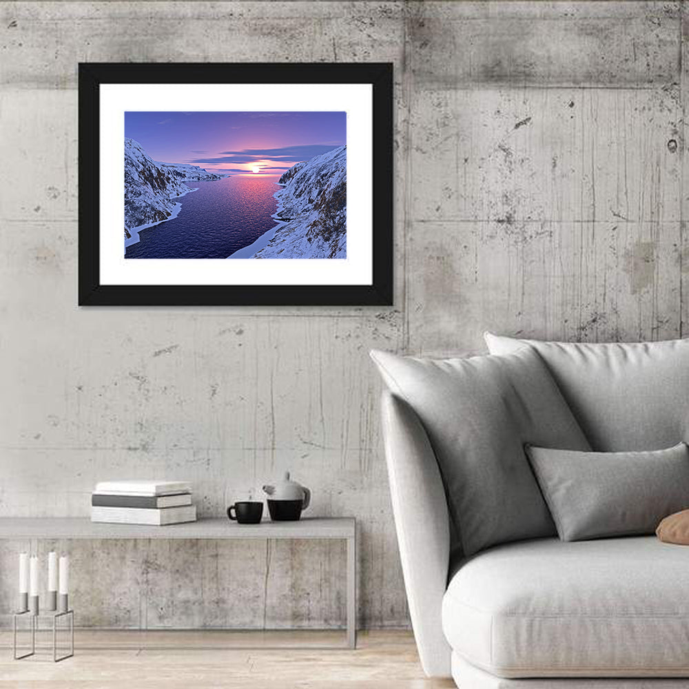 Snow-capped Mountain Fjord Sunset Wall Art in a room, landscape