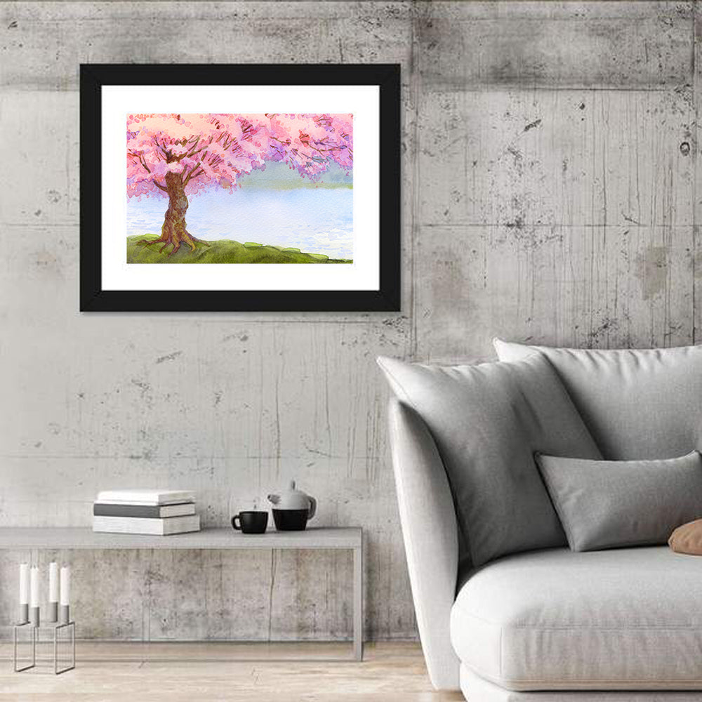 Flowering Pink Tree Wall Art in a room, landscape