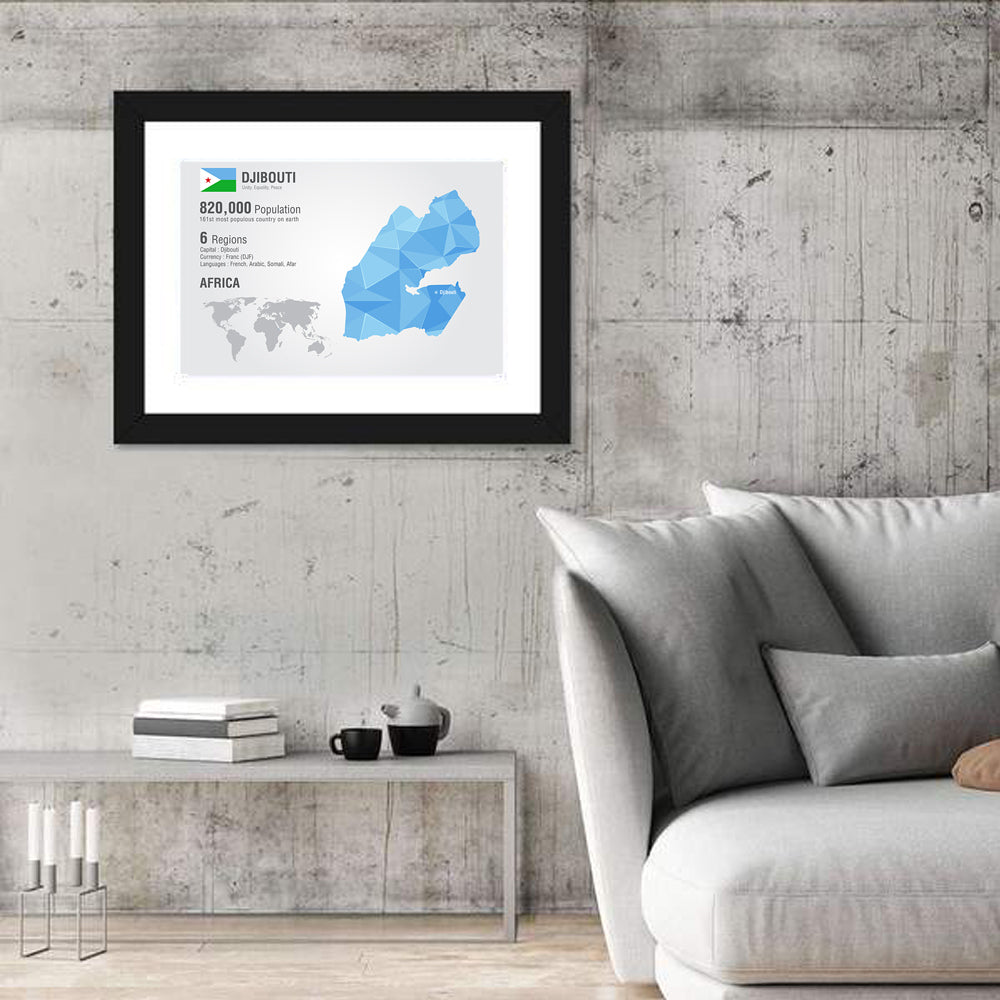 Djibouti Geometric Infographic Map Wall Art in a room, landscape