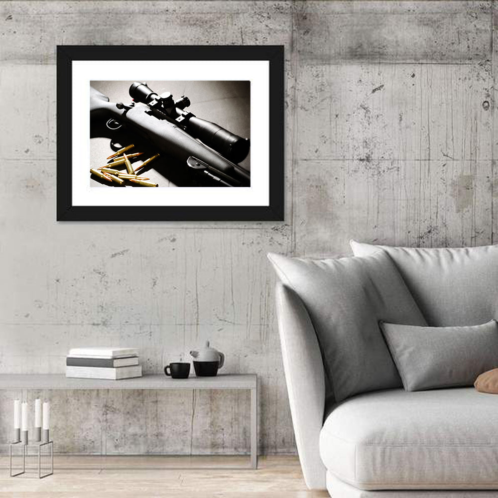 Bolt-action Sniper Rifle with Brass Cartridges Wall Art in a room, landscape