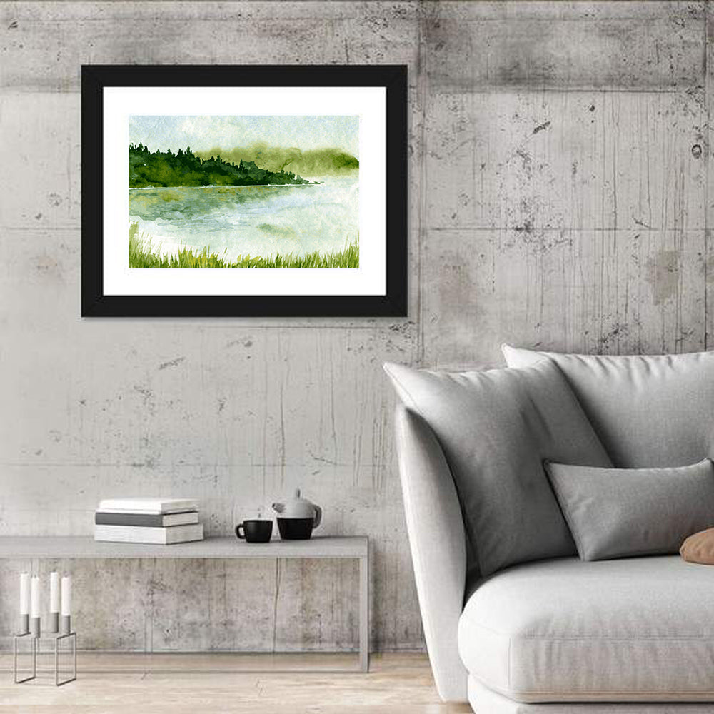 Misty Spruce Lake Landscape Wall Art in a room, landscape