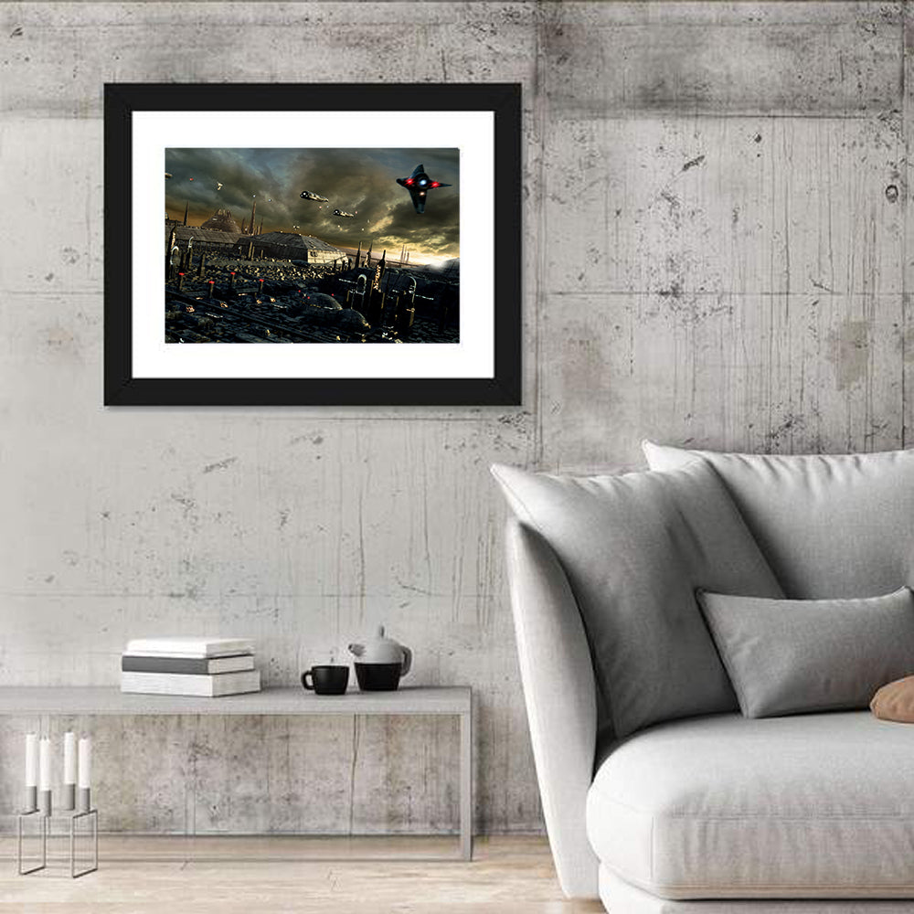 Futuristic City Skyline Wall Art in a room, landscape