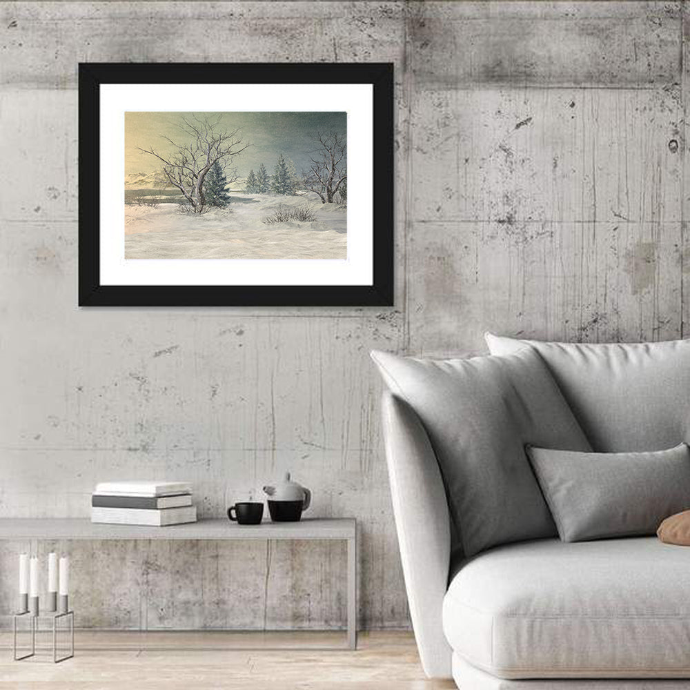 Snowy Pine Forest Fantasy Wall Art in a room, landscape