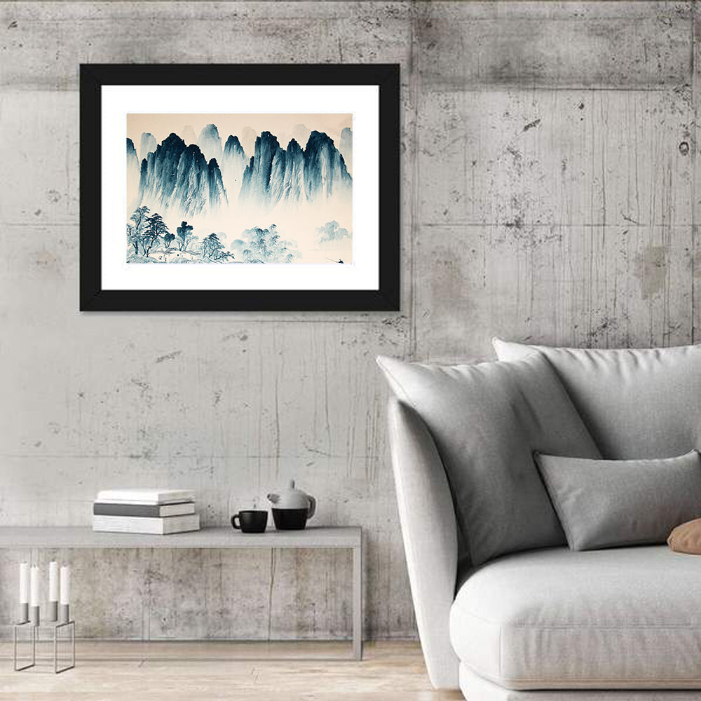 Misty Chinese Ink Wash Landscape Wall Art in a room, landscape