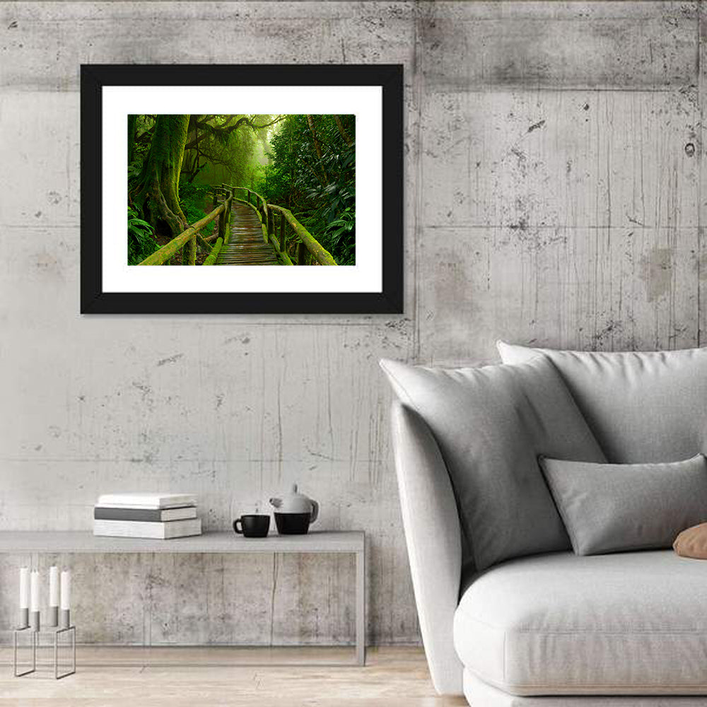 Misty Nepal Jungle Boardwalk Wall Art in a room, landscape