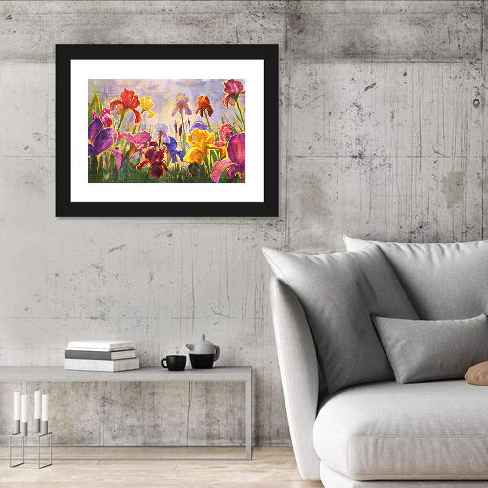 Iris Garden Illustration Wall Art in a room, landscape