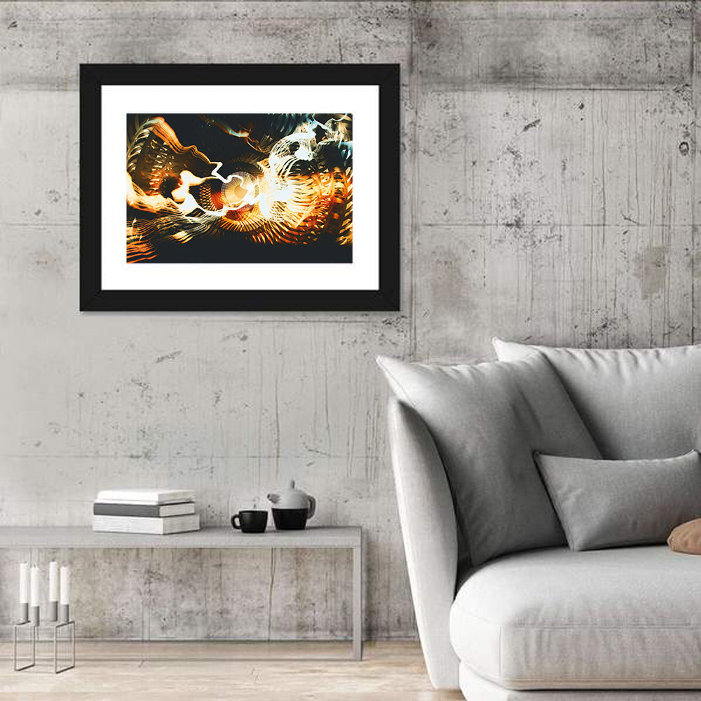 Golden Fractal Vortex Wall Art in a room, landscape