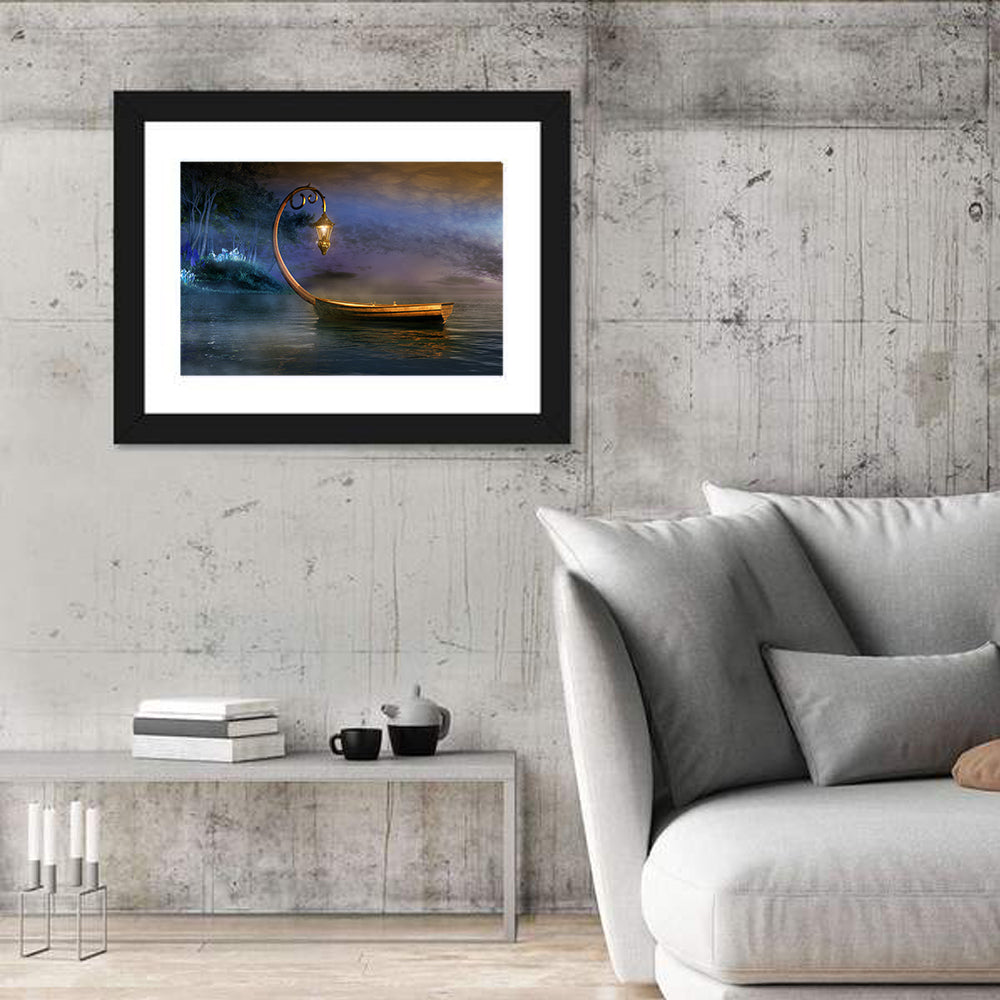 Lantern Boat on a Misty Lake Wall Art