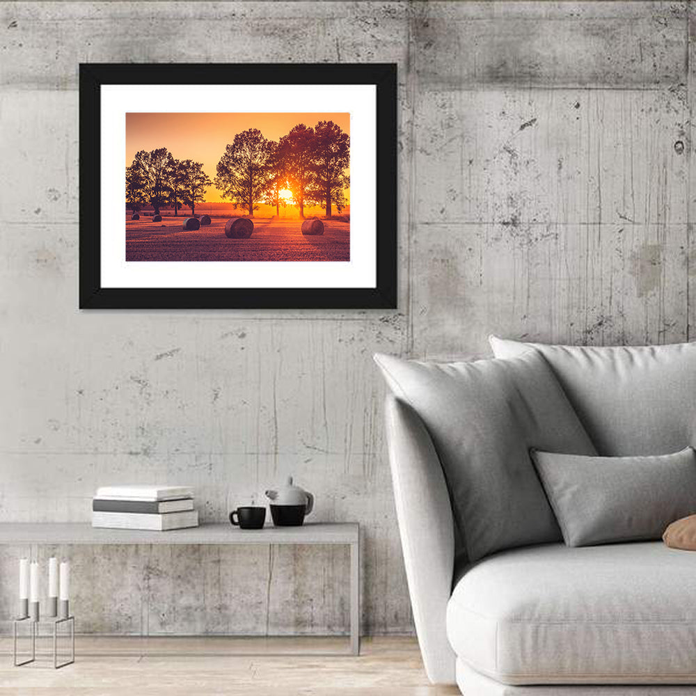 Sunset Over Hay Bales Wall Art